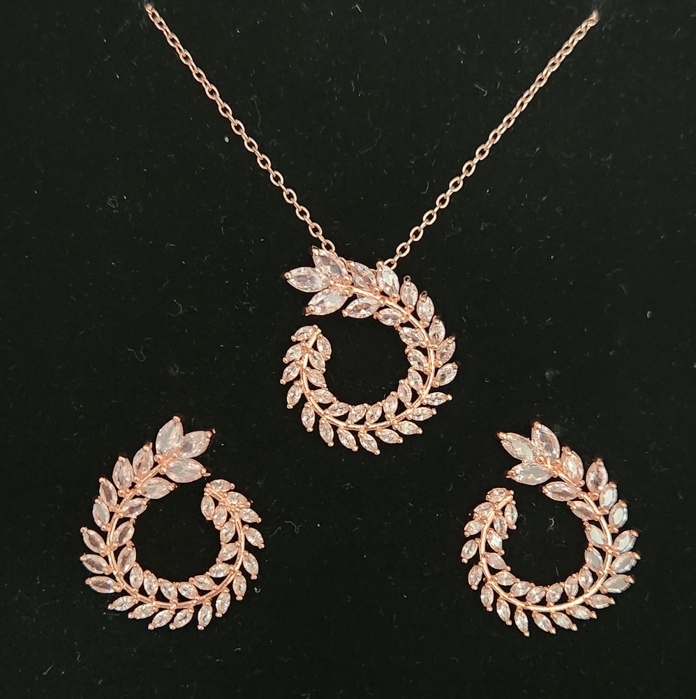 Rose Gold Sparkling Leaf Design Necklace And Earring Set